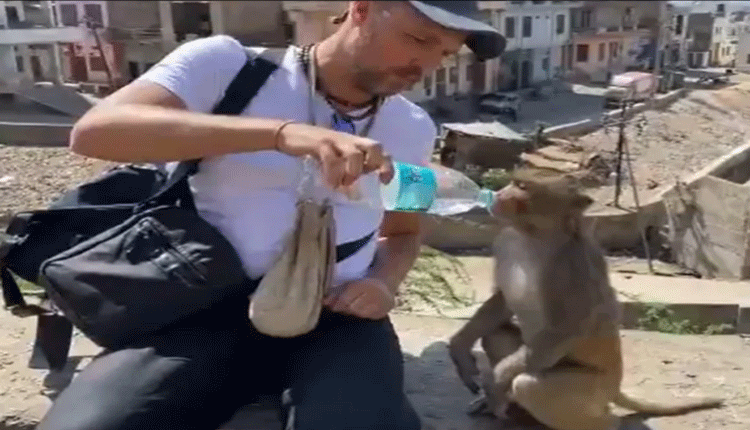 కోతి దాహం తీర్చిన వ్య‌క్తి.. వీడియో వైర‌ల్‌