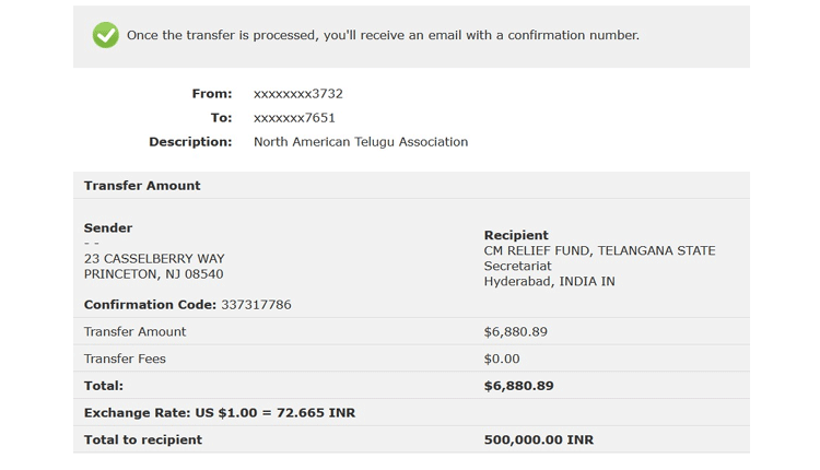 తెలంగాణ ముఖ్యమంత్రి స‌హాయ‌నిధికి ‘నాటా’ రూ.5 లక్షల విరాళం