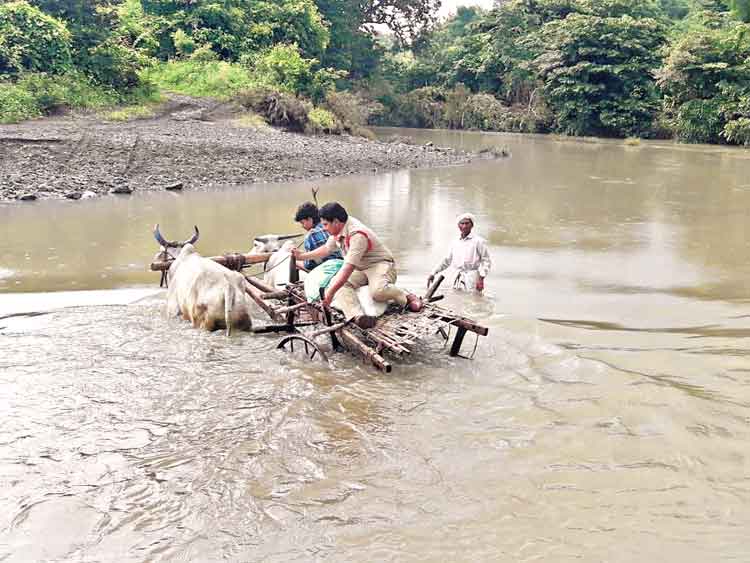 వాగు దాటి.. సరుకులిచ్చి