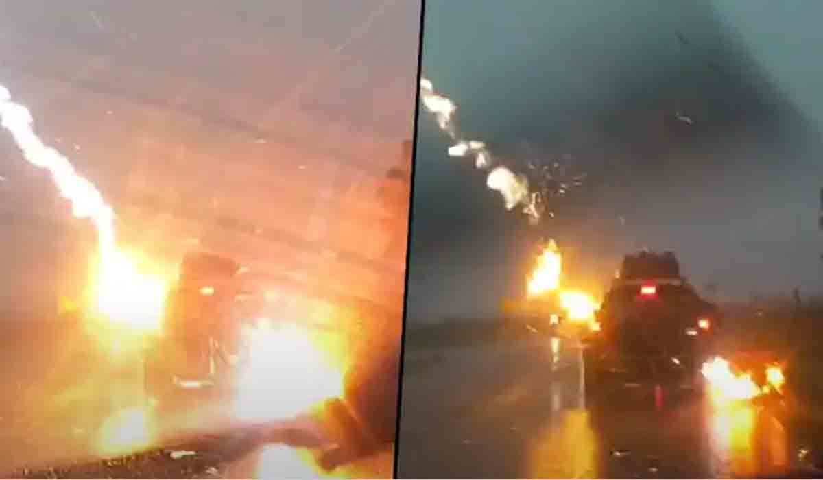 వేగంగా దూసుకెళ్తున్న‌ కారుపై పిడుగు.. వీడియో వైర‌ల్