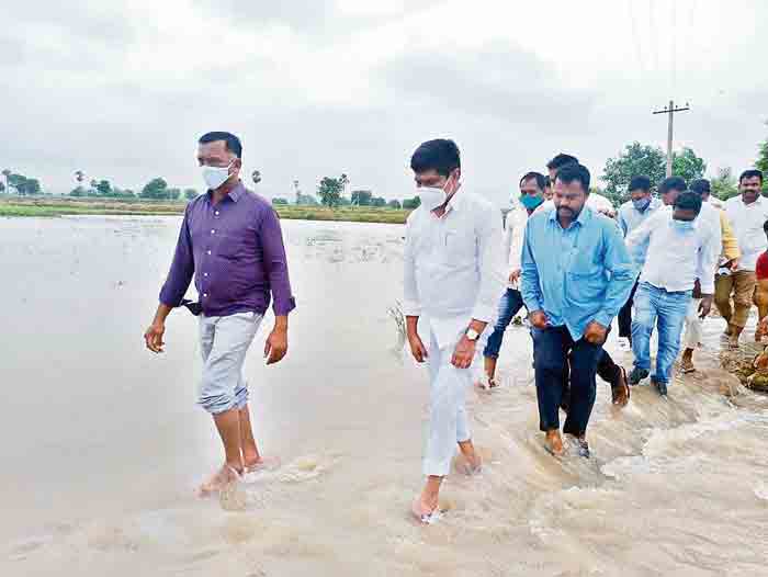 దెబ్బతిన్న చెరువులు,పంటలను పరిశీలించిన మంత్రి
