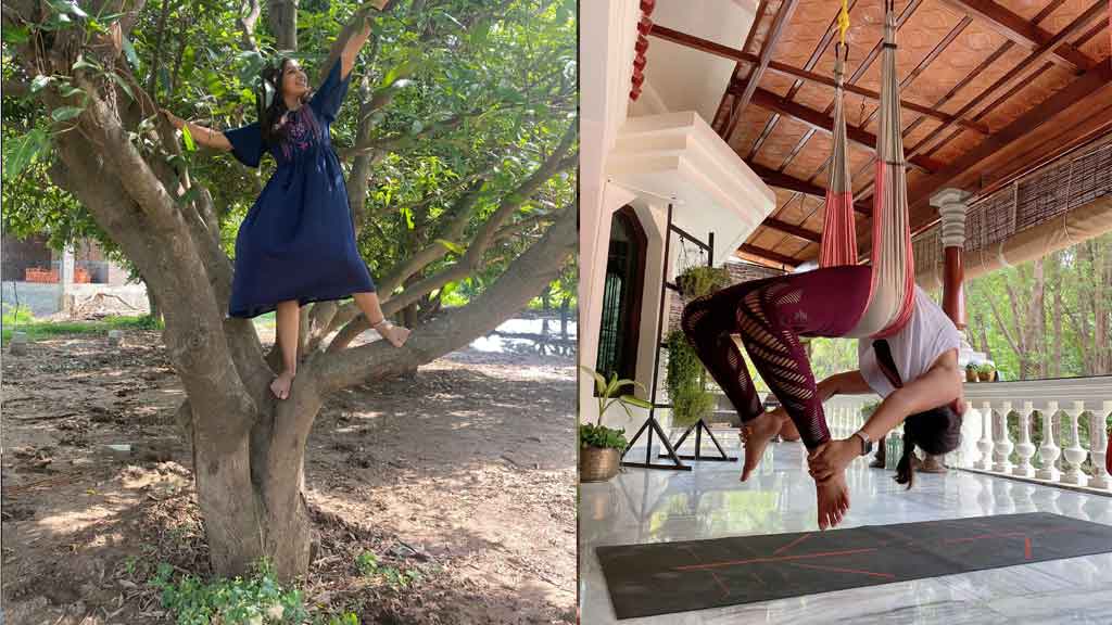 చెట్టుపై అంజ‌లి..స్టన్నింగ్ గా ఏరియ‌ల్ యోగా స్టిల్స్