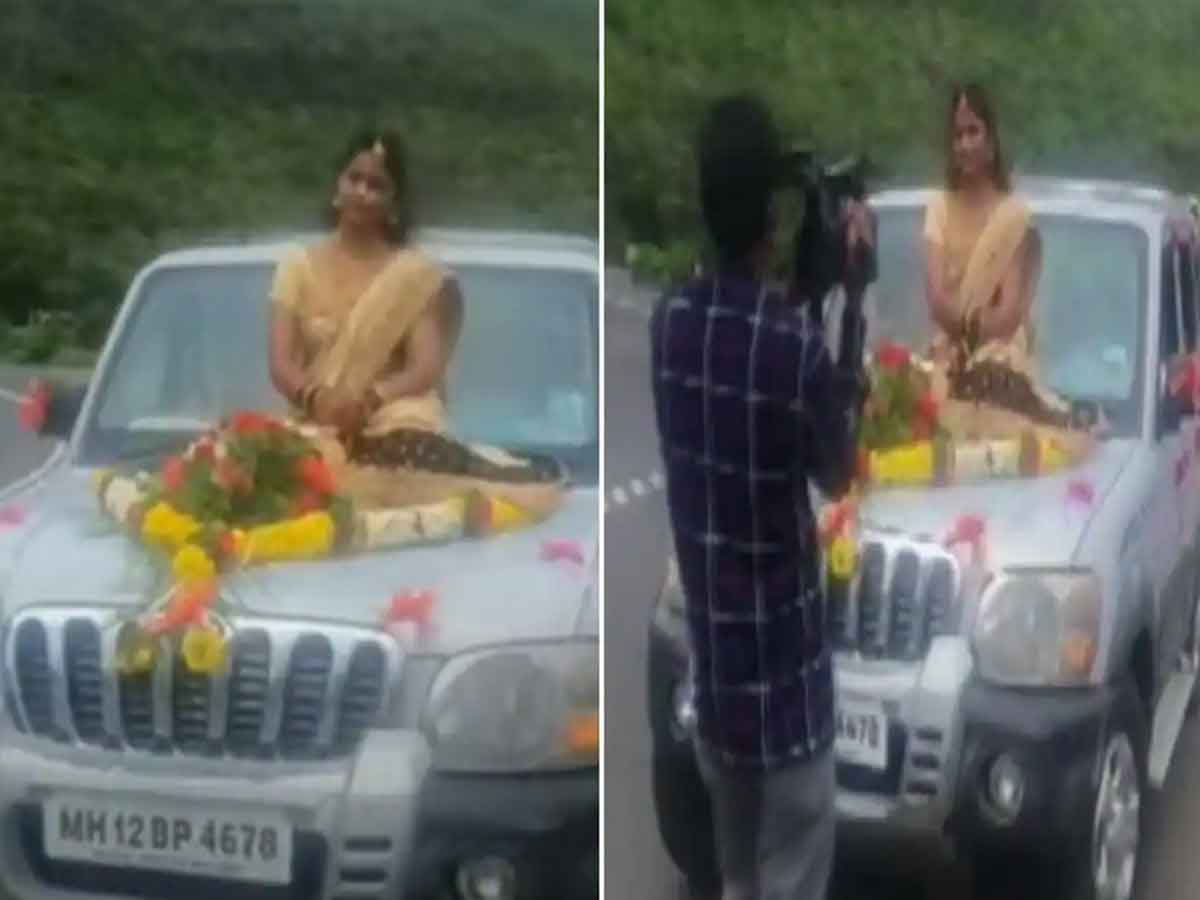 కారు బోనెట్‌పై కూర్చొని పెండ్లి వేదికకు వెళ్లిన వధువుపై కేసు