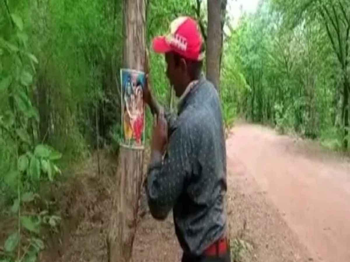 రోడ్డు కోసం చెట్లను నరకకుండా దేవుడి ఫొటోలు