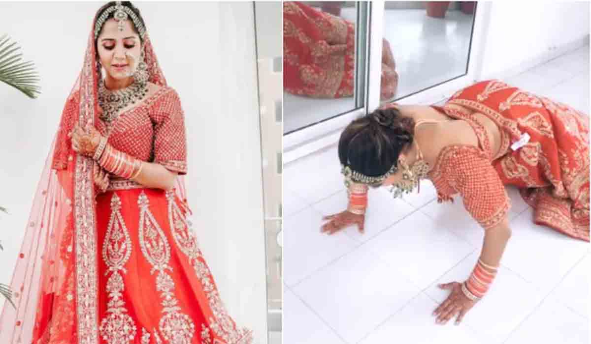 లెహంగలో కొత్త పెళ్లి కూతురు పుష్ అప్స్.. వీడియో వైర‌ల్