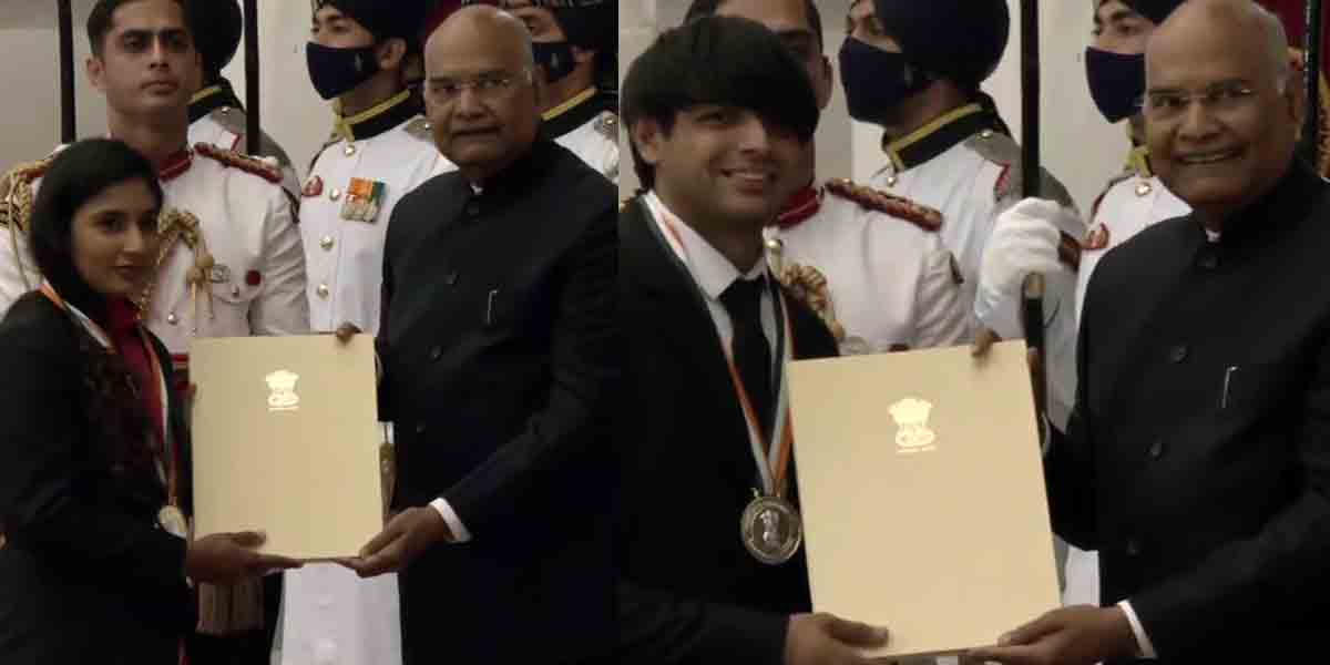 ధ్యాన్‌చంద్‌ ఖేల్‌రత్న అవార్డు అందుకున్న నీరజ్‌ చోప్రా, మిథాలీ