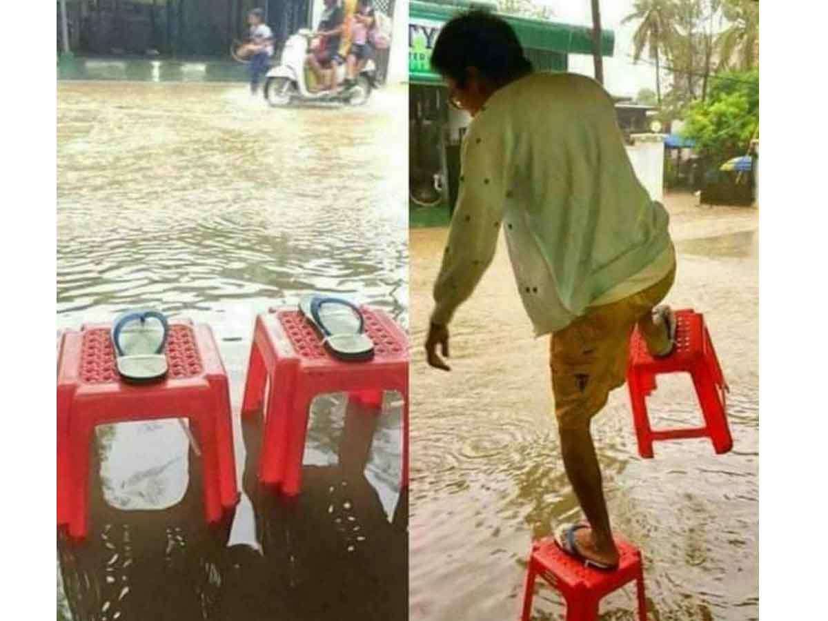 వ‌ర‌ద నీటిలో న‌డ‌వ‌డం కోసం భ‌లే ఐడియా.. నువ్వు తోపు అంటున్న నెటిజ‌న్లు