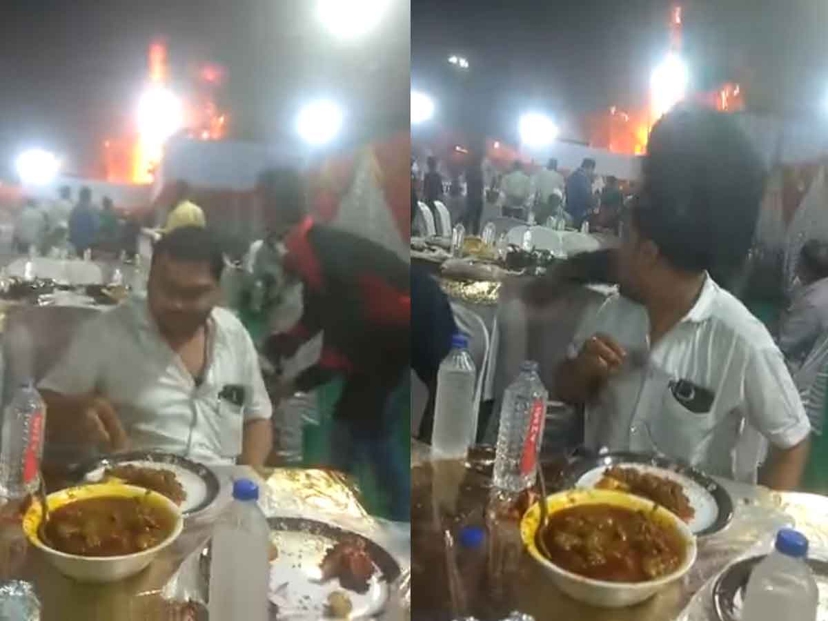 ఓవైపు పెళ్లిమండ‌పం కాలిపోతుంటే.. తాపీగా కూర్చొని భోజనం చేసిన అతిథులు.. వైర‌ల్ వీడియో