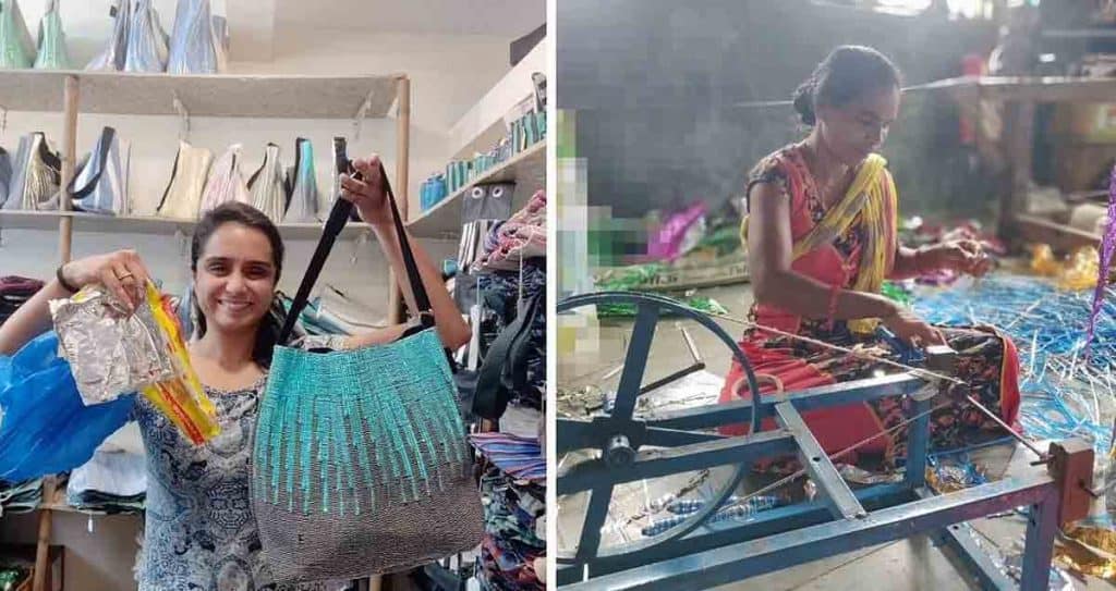 young girl uses charkha and upcycles plastic waste to bags and mats in pune