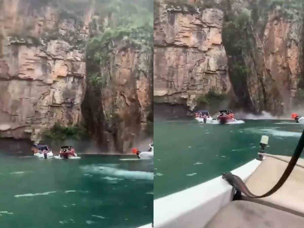 waterfall rock collapses on tourist boats video viral