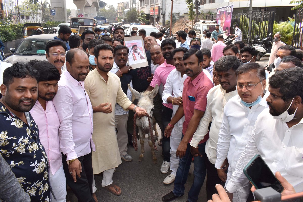 Revanthreddy  | గాడిదపై రేవంత్‌రెడ్డి దిష్టిబొమ్మ ఊరేగింపు, దహనం