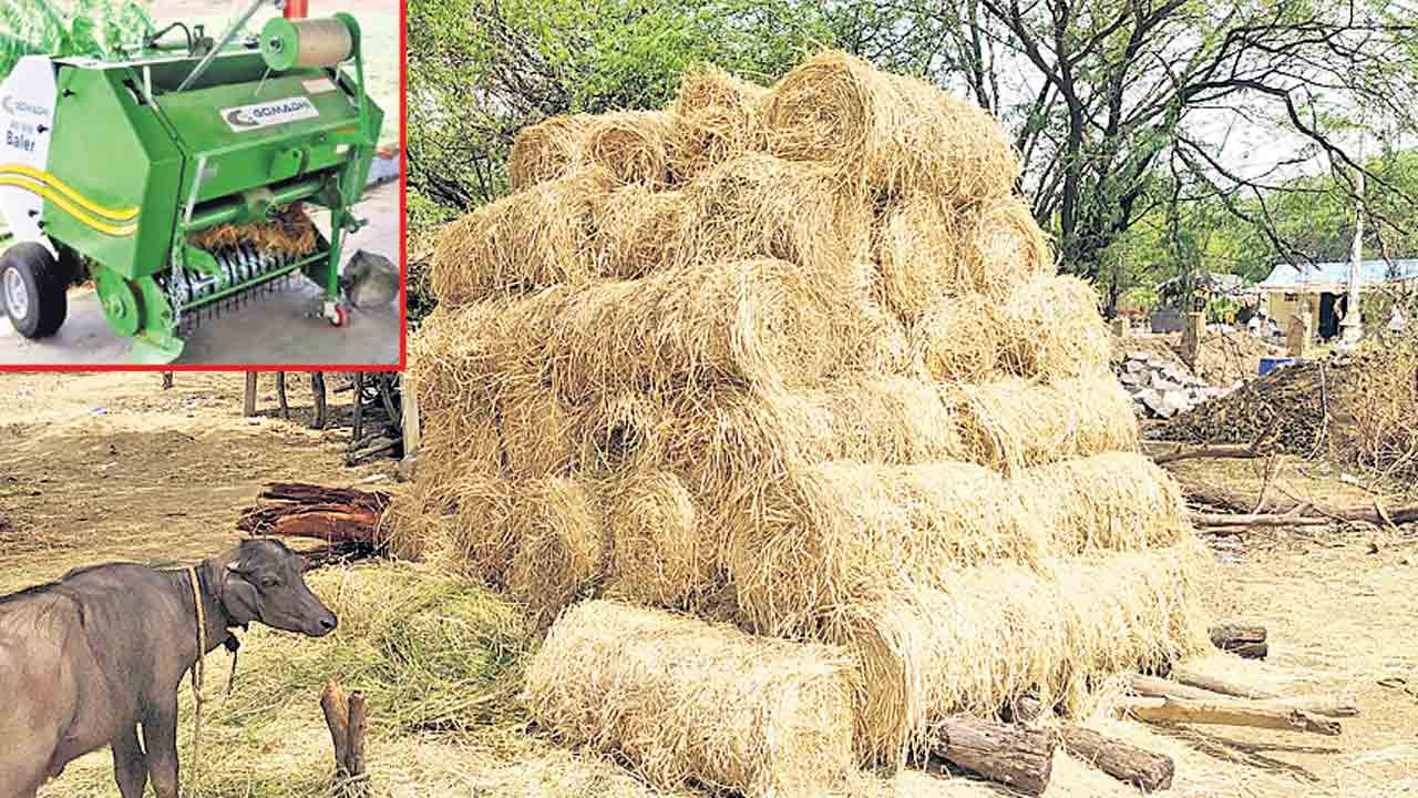 రైతుకు సాయంగా గడ్డి చుట్టే యంత్రం