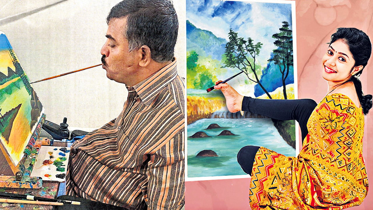 టాలెంట్‌కు చేతులతో ప‌నేంటి.. కాళ్లు, నోటితోనే అద్భుత‌మైన బొమ్మ‌లు గీసేస్తున్న‌రు !!