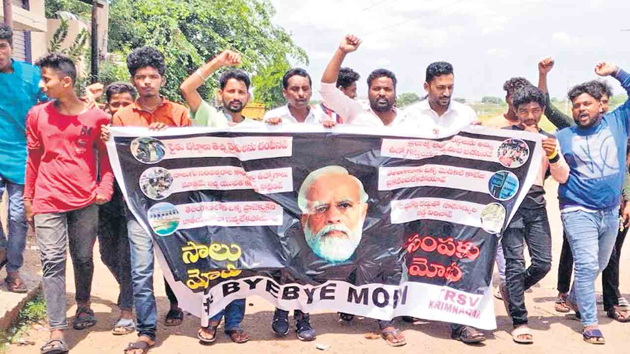 మోదీకి వ్యతిరేకంగా టీఆర్‌ఎస్వీ నాయకులు వినూత్న నిరసన