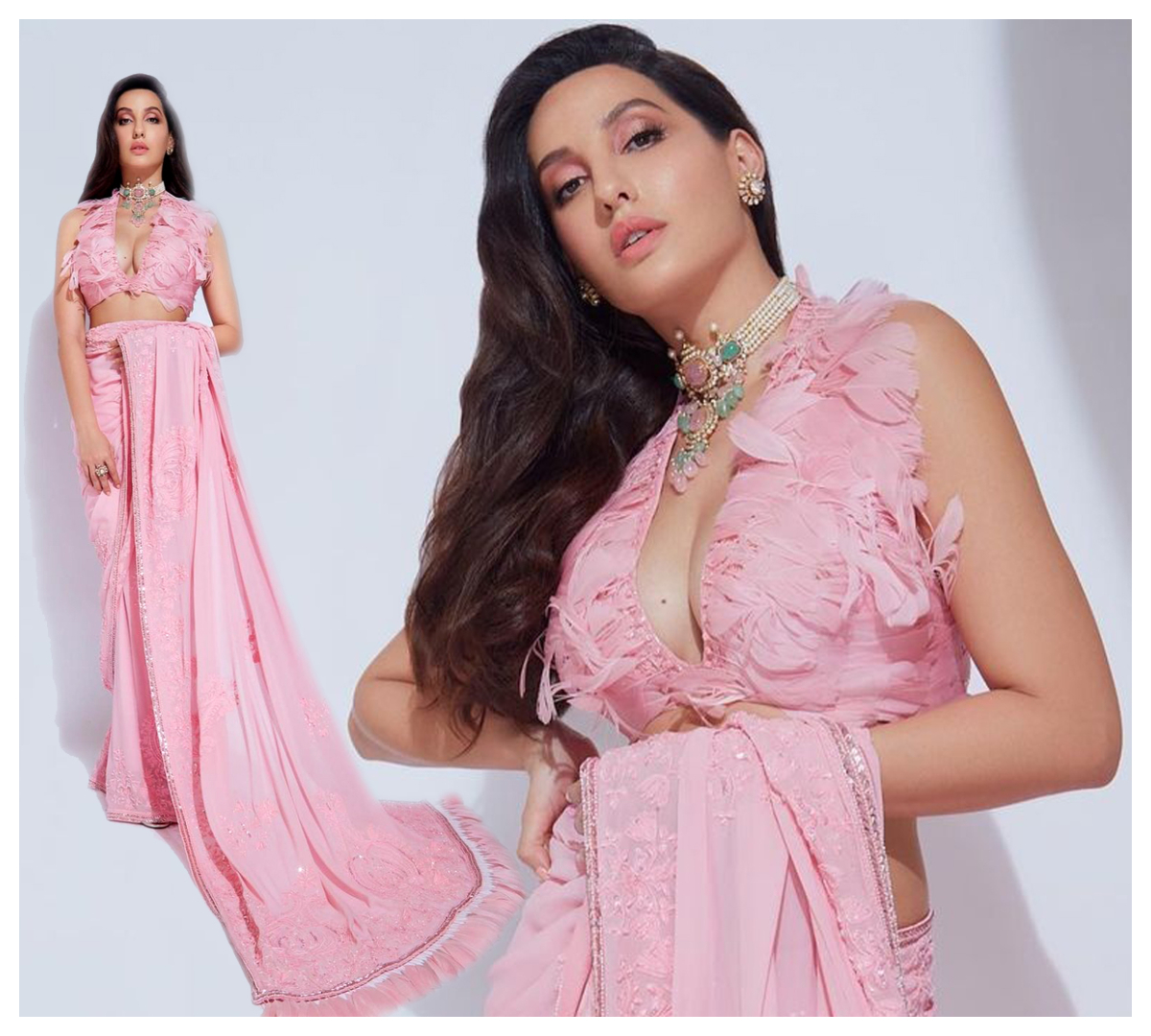 Nora Fatehi | గులాబీ క‌ల‌ర్ శారీలో ప‌రువాలు ఒల‌క‌బోసిన నోరా ఫతేహి..