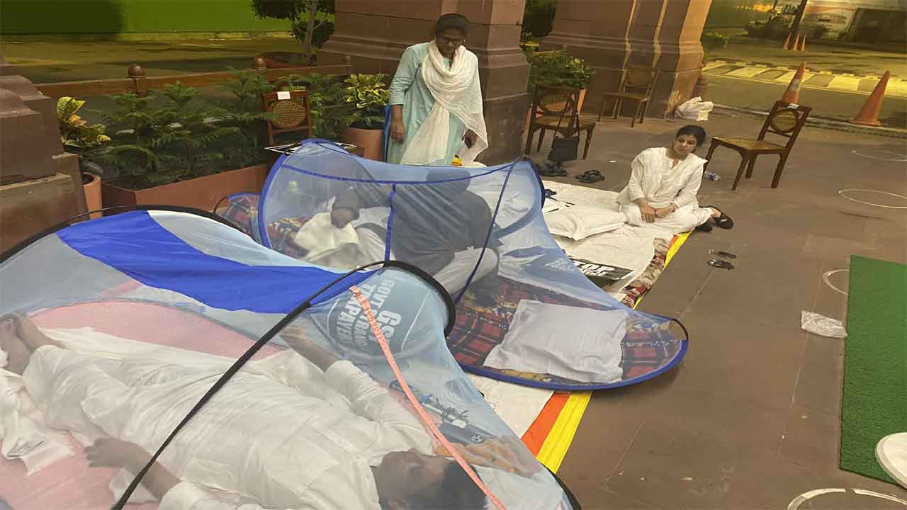 పార్ల‌మెంట్ ఎంట్రెన్స్ వ‌ద్ద దోమ‌తెర‌ల్లో నిద్ర‌పోయిన ఎంపీలు