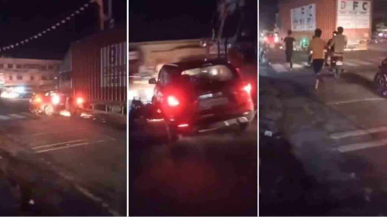 కారును 500 మీటర్లు లాక్కెళ్లిన లారీ.. వీడియో