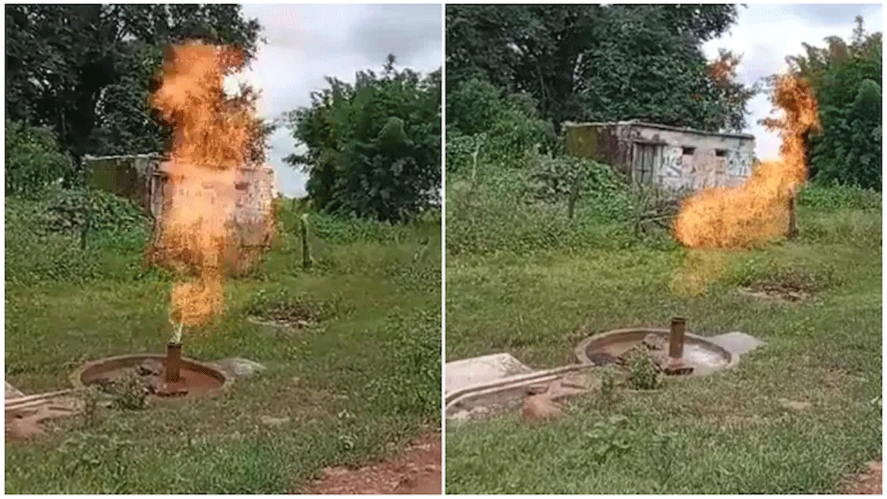 చేతి పంపులో నీటితో పాటు ఎగిసిప‌డుతున్న మంట‌లు!