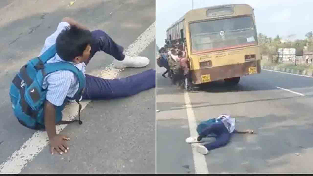 కిక్కిరిసిన బ‌స్సు.. జారిప‌డ్డ స్టూడెంట్.. వీడియో