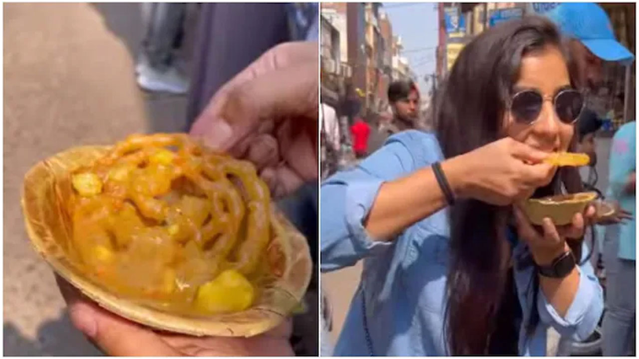 వెరైటీ కాంబినేస‌న్ : ఆలూ స‌బ్జితో జిలేబి టేస్ట్ చేసిన ఫుడ్ బ్లాగ‌ర్‌!