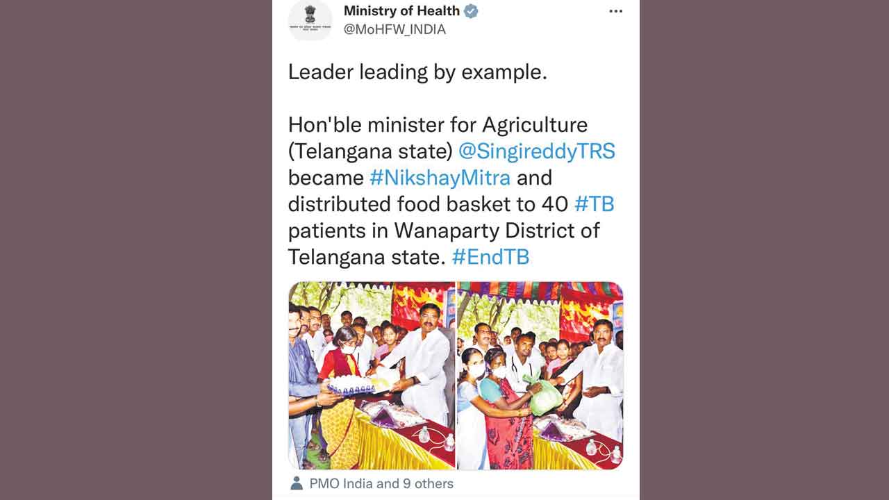 మంత్రి నిరంజన్‌రెడ్డికి కేంద్రం ప్రశంసలు