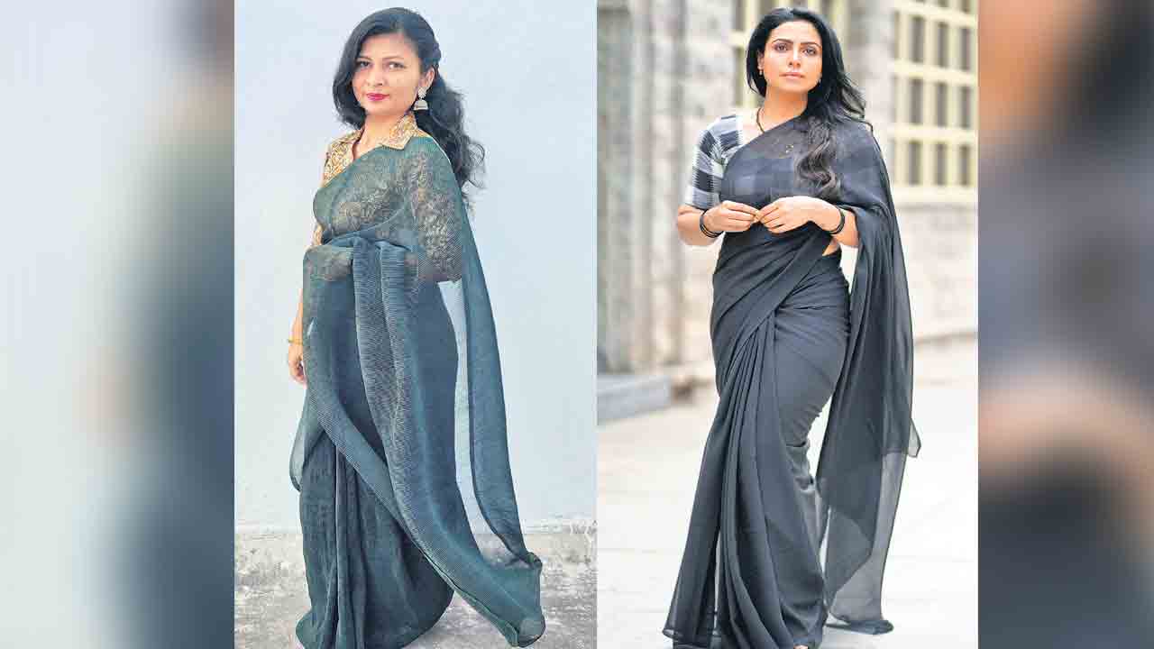 సాదా చీరకు ప్రింటెడ్‌ బ్లౌజ్‌ సొగసులు