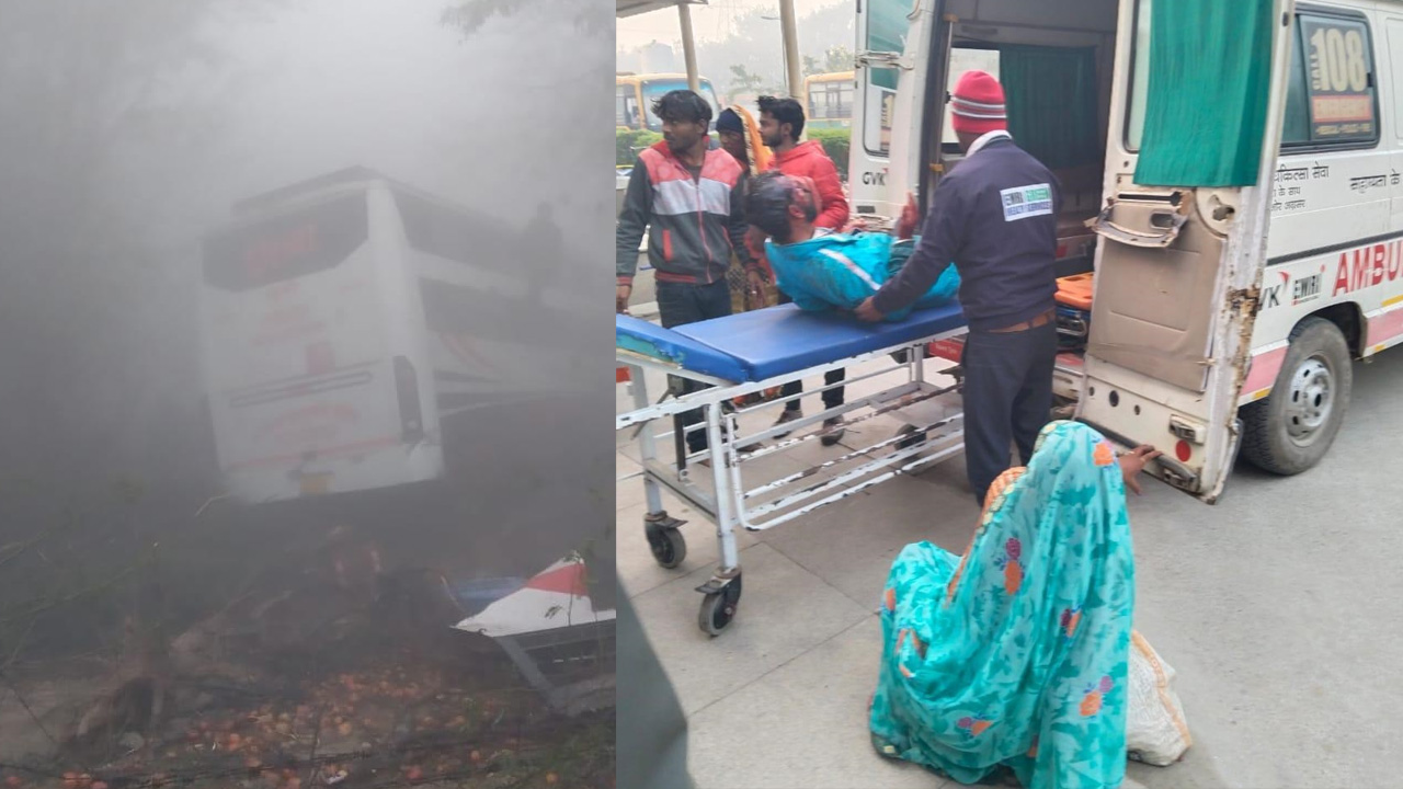 కంటెయినర్‌ను ఢీకొన్న బస్సు.. ఒకరు మృతి.. 10 మందికి గాయాలు