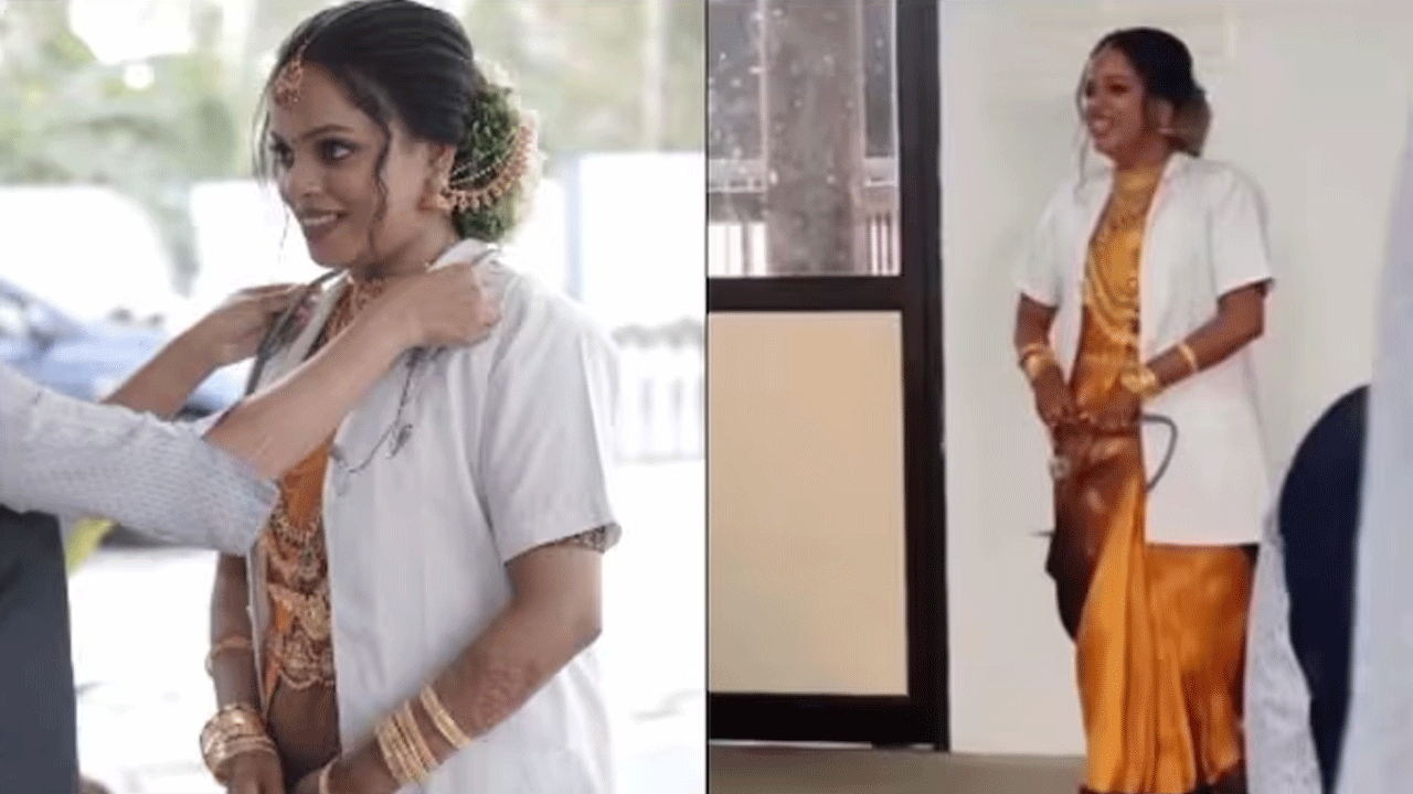 ప్రాక్టిక‌ల్ ఎగ్జామ్ కోసం ప‌రీక్షా కేంద్రానికి వ‌చ్చిన న‌వ‌వ‌ధువు