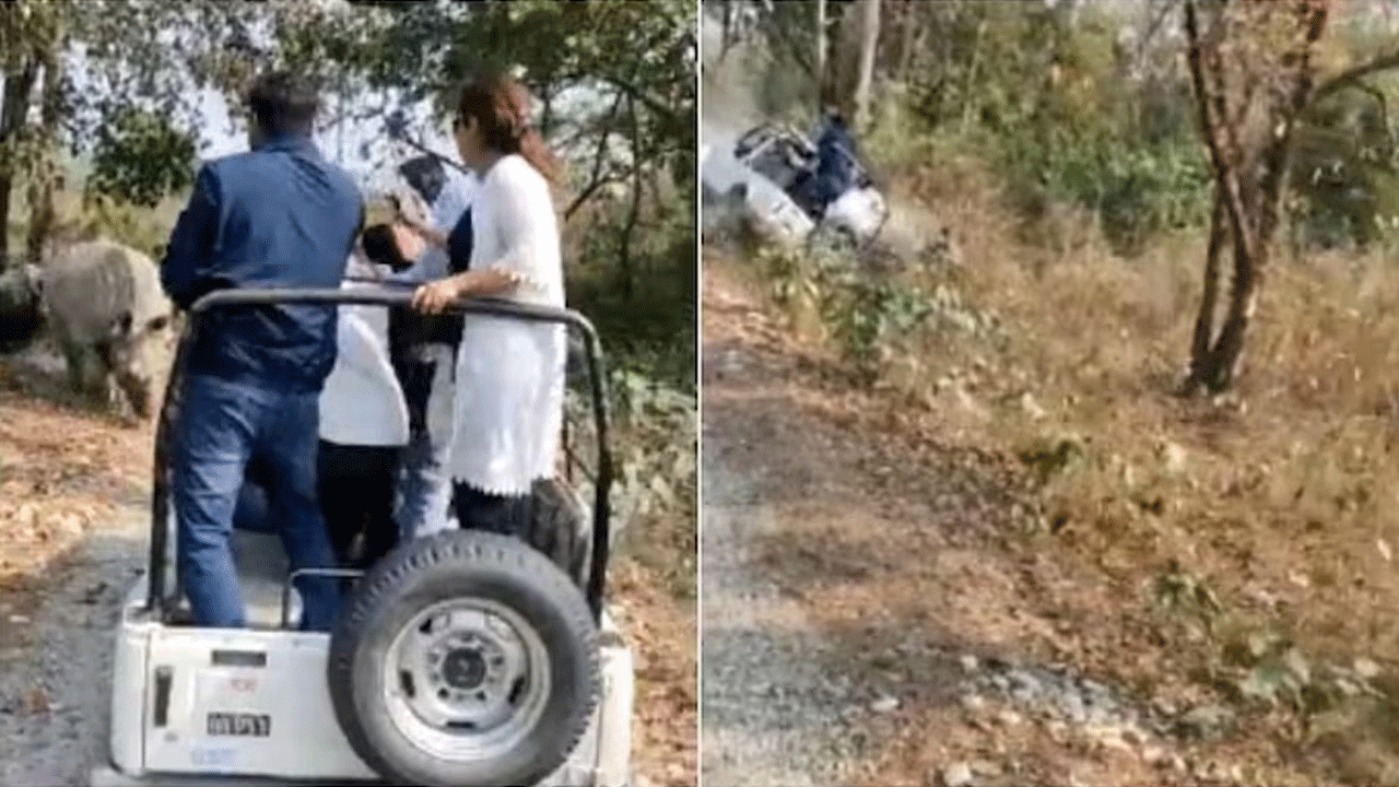 Viral Video | జంగిల్ స‌ఫారీలో ఖ‌డ్గ‌మృగం వెంటాడ‌టంతో విజిట‌ర్స్ జీపు బోల్తా
