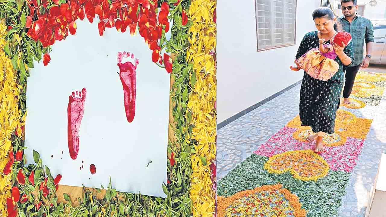 Viral News | ఆడబిడ్డను కన్న కోడలికి పూల తివాచీతో స్వాగతం.. పాప పాదముద్రలు తీసుకొని సంబురాలు