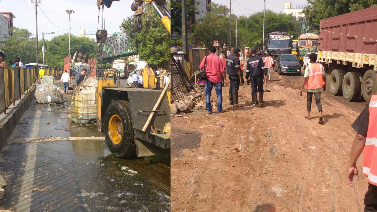 NMDC | హైదరాబాద్‌ ఎన్‌ఎండీసీ వద్ద బోల్తాపడిన ఆయిల్‌ ట్యాంకర్‌.. భారీగా ట్రాఫిక్‌ జాం