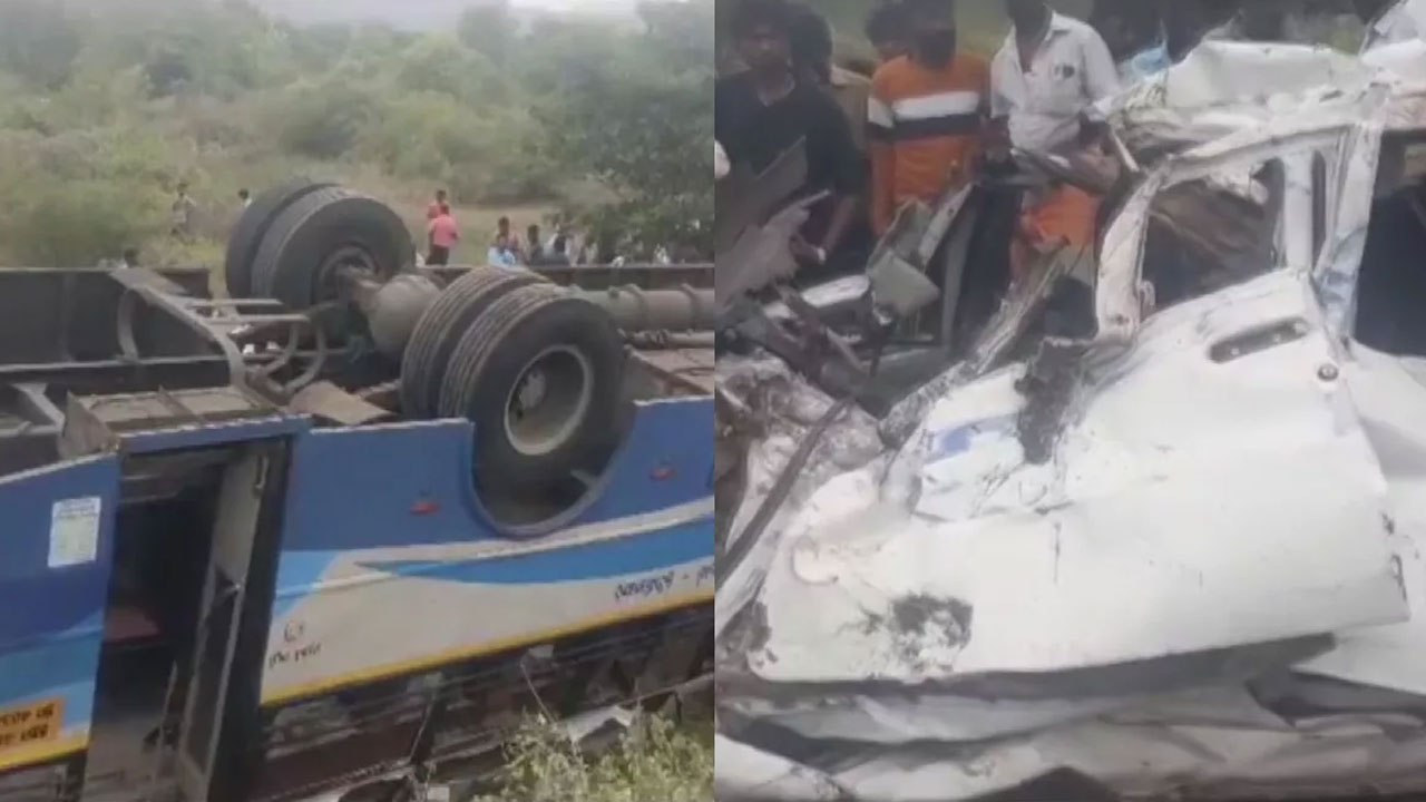 TN’s Road Accident | టైరు పేలి బస్సును ఢీకొట్టిన కారు.. ఐదుగురు దుర్మరణం.. తప్పించబోయి బోల్తాపడ్డ బస్సు..
