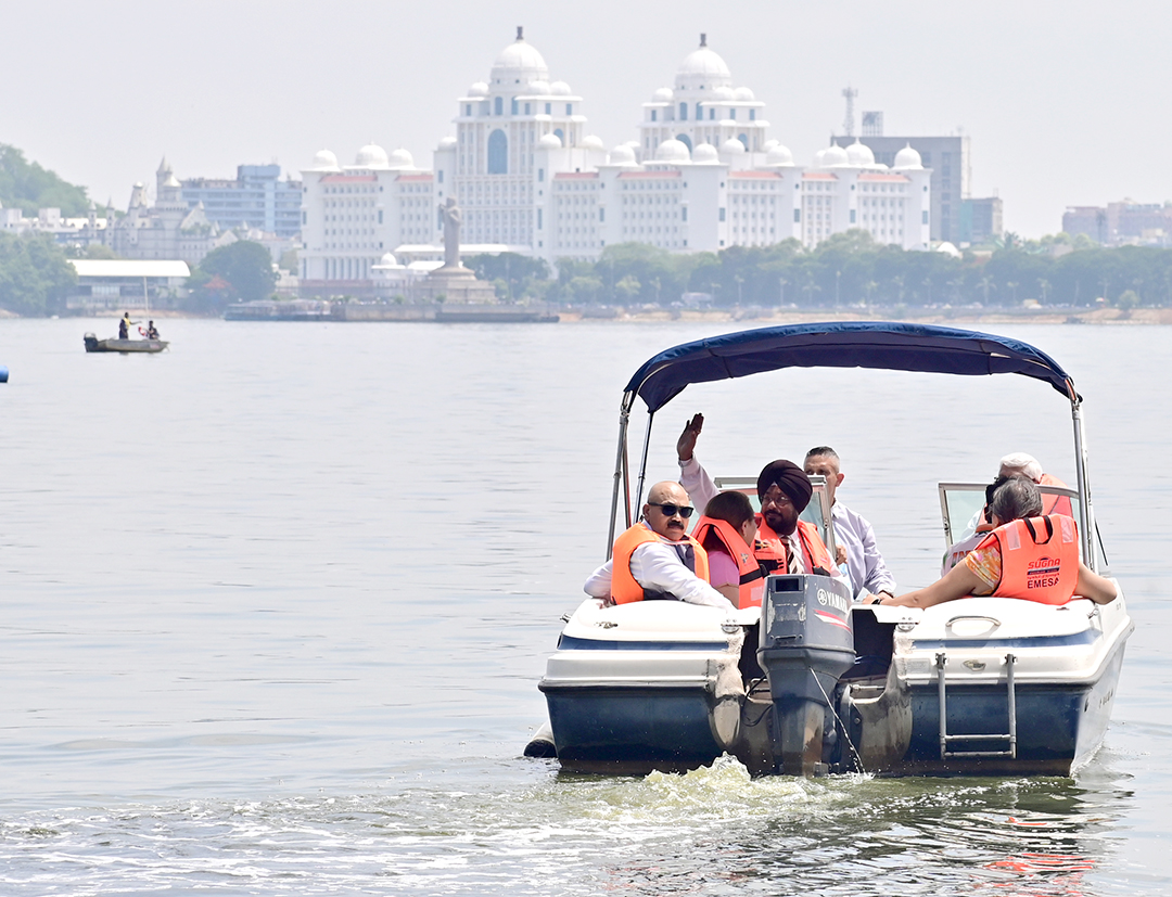 Sailors in action during the 37th Hyderabad Sailing Week 2023 at Secunderabad Sailing Club in Hussain Sagar on Tuesday