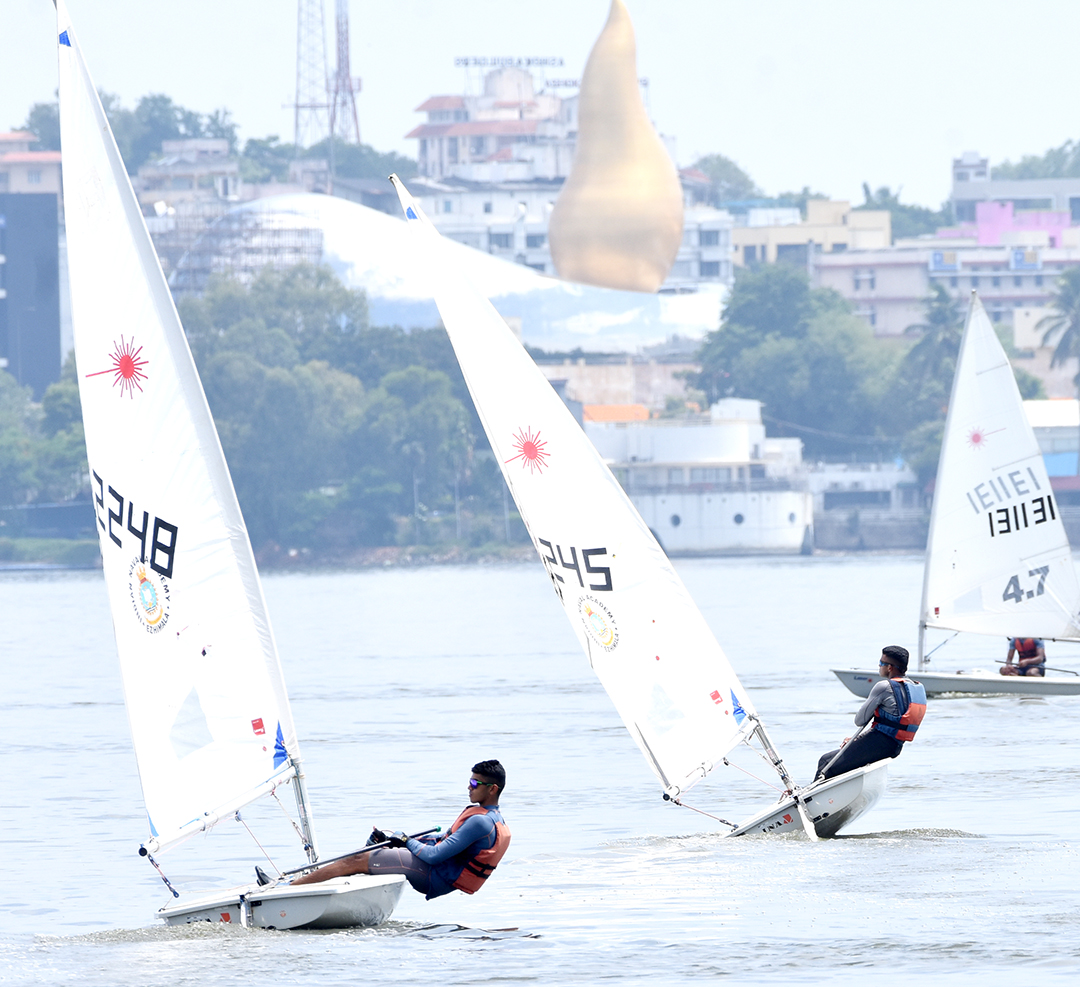 Sailors in action during the 37th Hyderabad Sailing Week 2023 at Secunderabad Sailing Club in Hussain Sagar on Tuesday