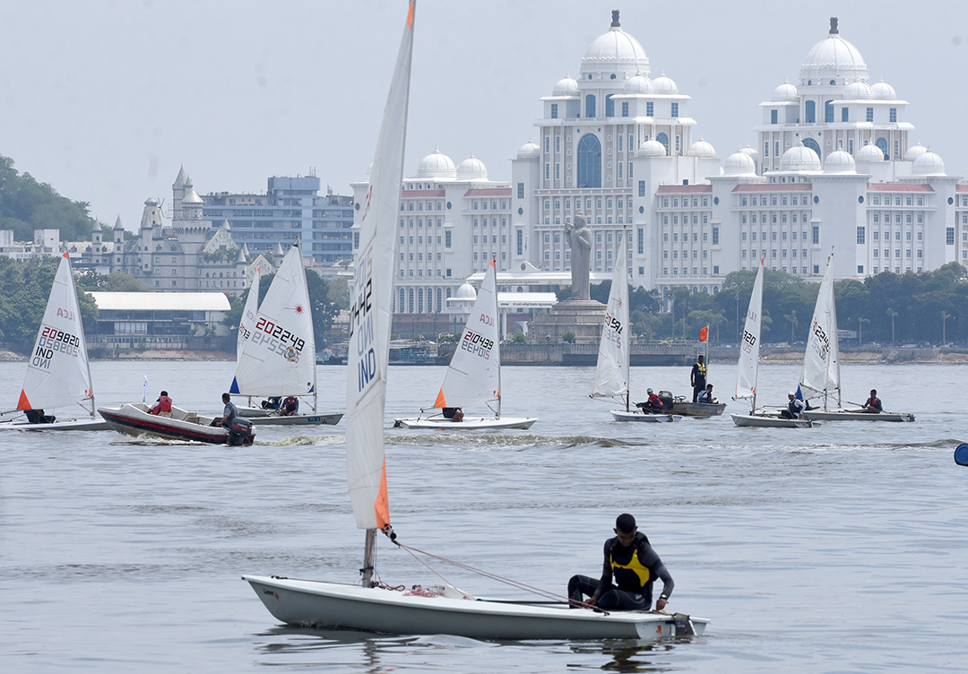 Sailors in action during the 37th Hyderabad Sailing Week 2023 at Secunderabad Sailing Club in Hussain Sagar on Tuesday