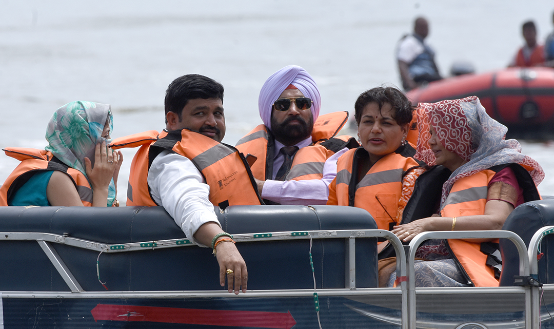 Sailors in action during the 37th Hyderabad Sailing Week 2023 at Secunderabad Sailing Club in Hussain Sagar on Tuesday