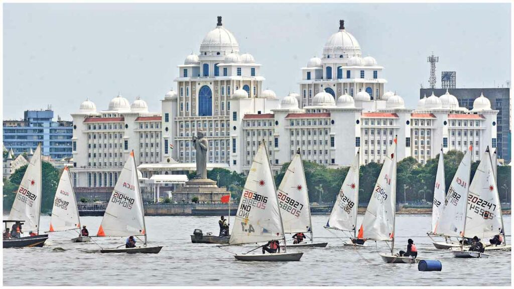 Sailors In Action During The 37th Hyderabad Sailing Week 2023 At Secunderabad Sailing Club In Hussain Sagar On Tuesday