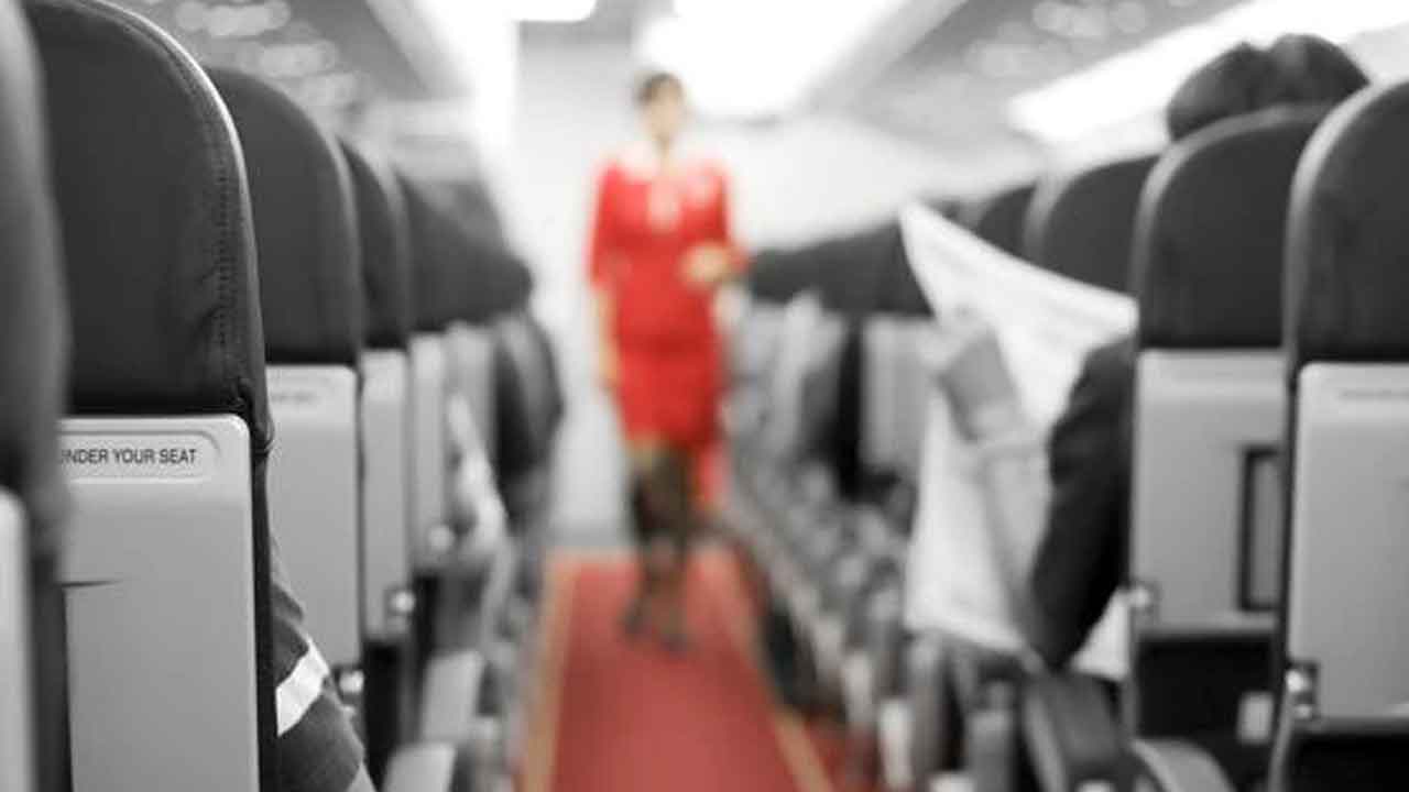 Air hostess  |  ఎయిర్‌ హోస్టెస్‌కు ముద్దు పెట్టేందుకు ప్రయాణికుడి యత్నం