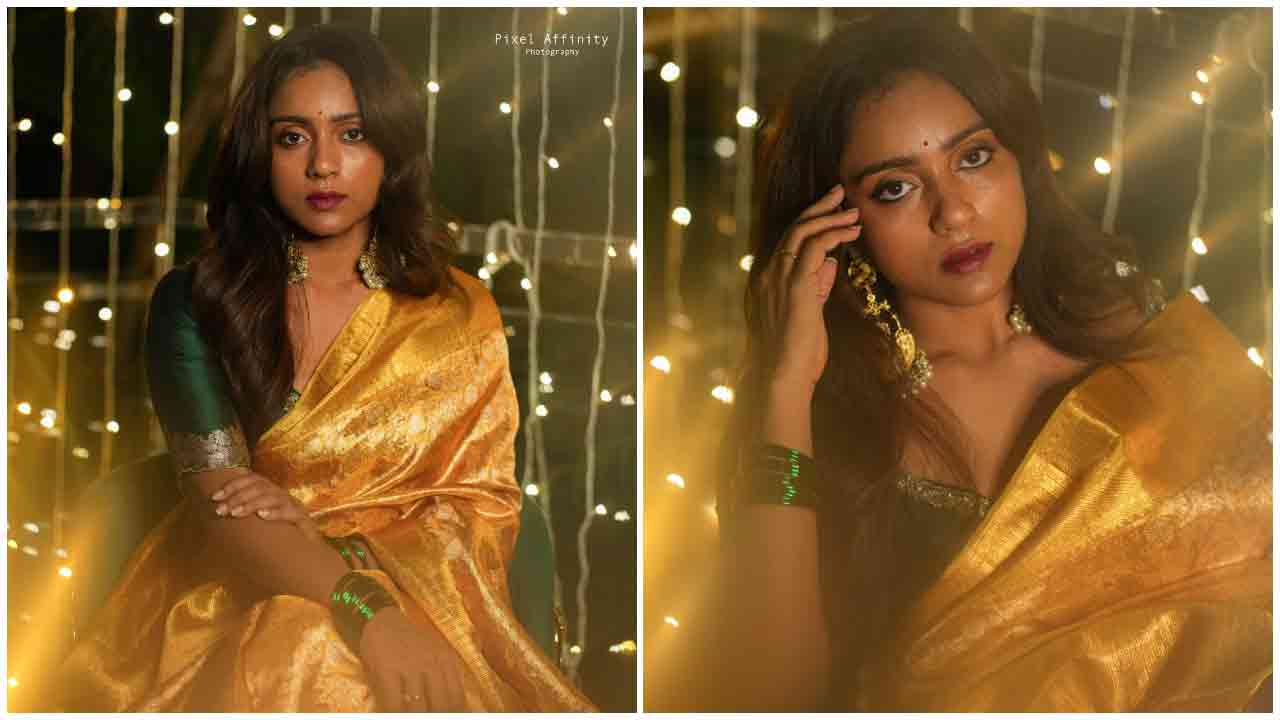 Vithika Sheru | గోల్డెన్ రంగు చీరలో వితికా షేరు కిల్లింగ్ లుక్స్..