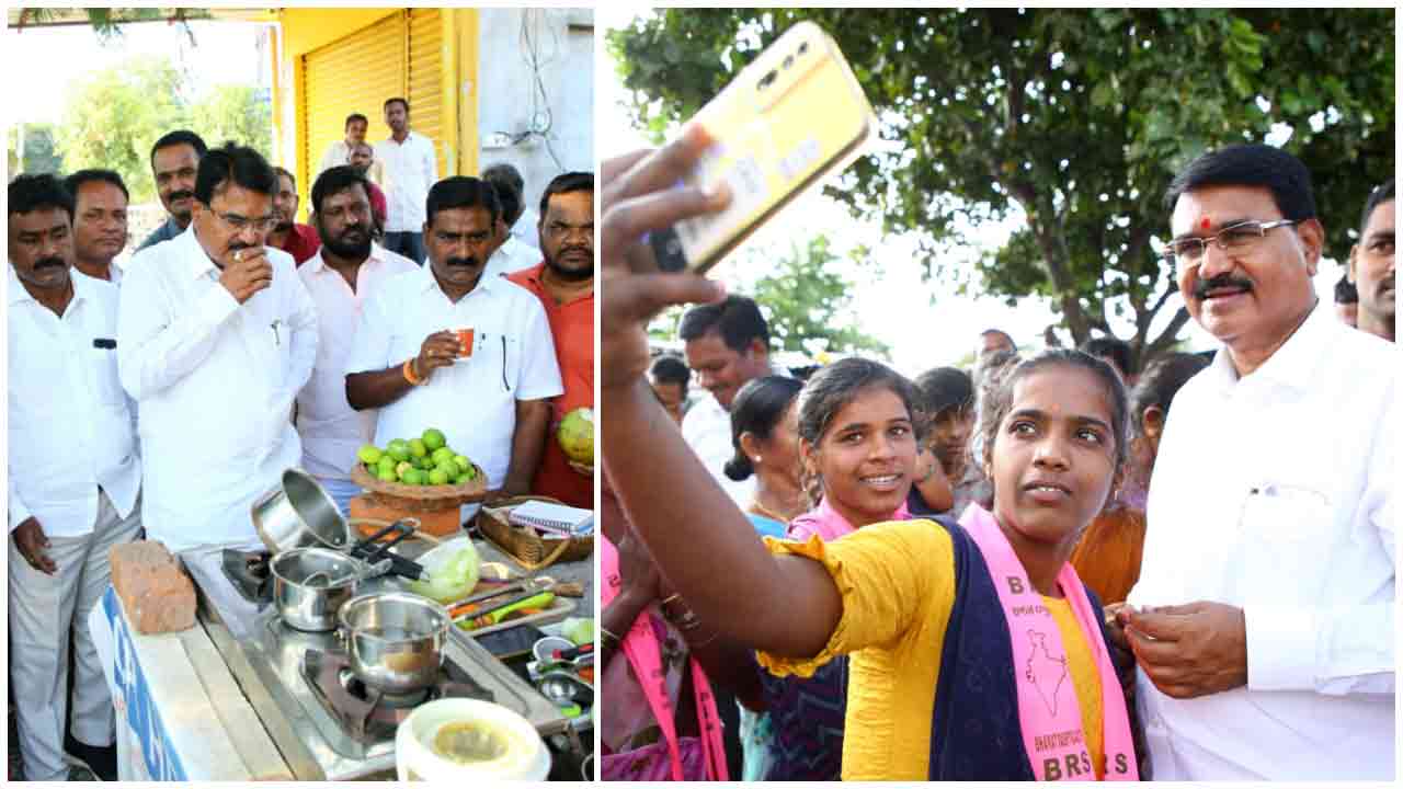 రోడ్డుప‌క్క‌న టీ తాగి.. అభిమానుల‌తో సెల్ఫీ దిగి.. జోరుగా నిరంజ‌న్‌రెడ్డి ప్ర‌చారం..