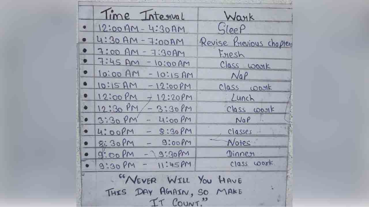 IIT-JEE Aspirant Time Table | నాలుగ‌న్న‌ర గంటలే నిద్ర‌.. జేఈఈకి ప్రిపేర‌వుతున్న ఓ విద్యార్థి టైం టేబుల్ ఇదీ..