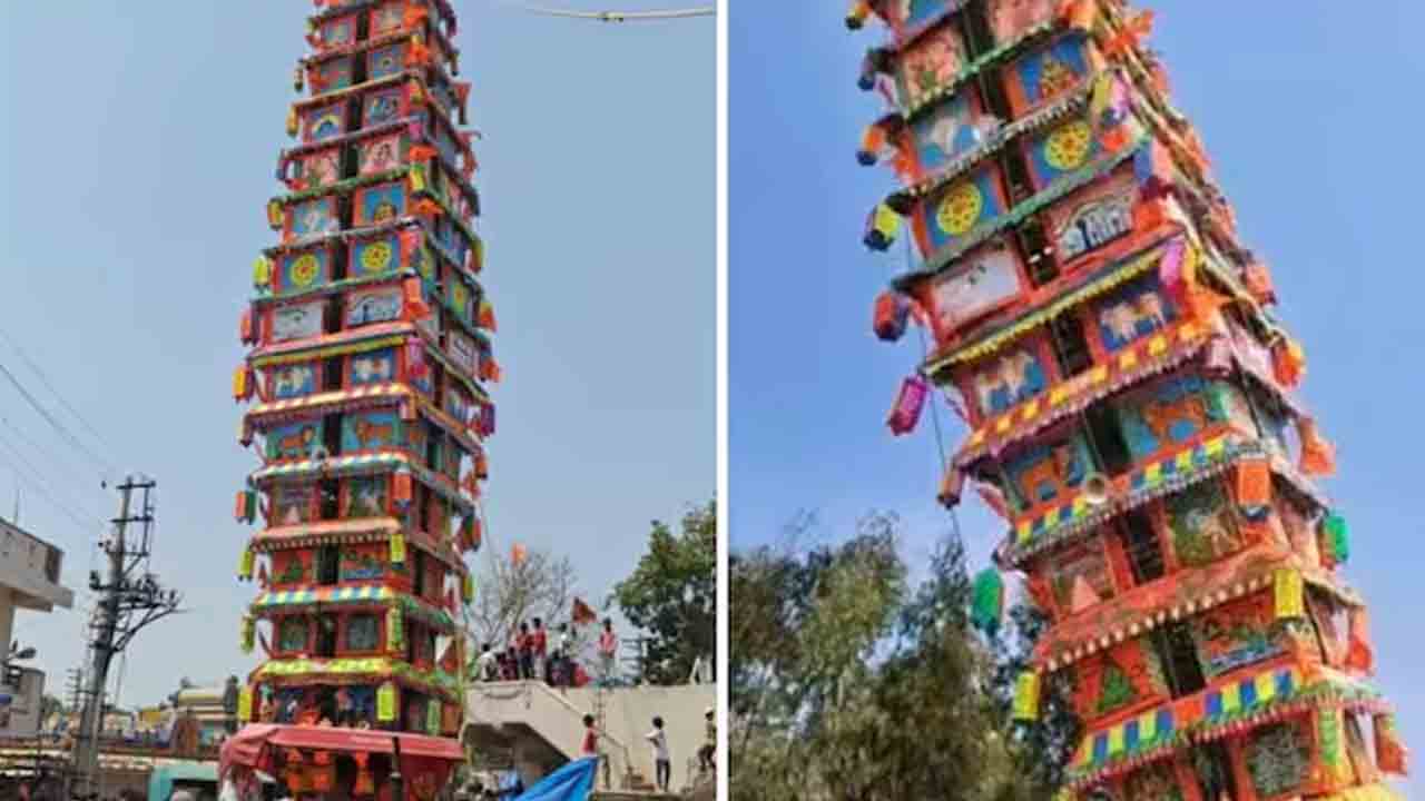 Chariot collapses | మడ్డురమ్మ గుడిలో అపశృతి.. కుప్పకూలిన 120 అడుగుల రథం