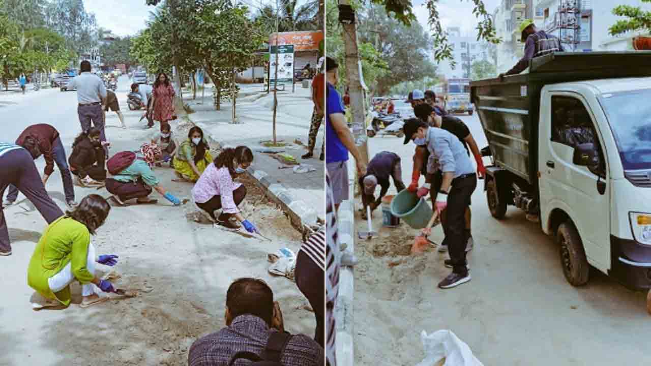 Watch: చెత్త, మట్టి పేరుకుపోయి ప్రమాదకరంగా రోడ్డు.. క్లీన్‌ చేసిన బెంగళూరు నివాసితులు