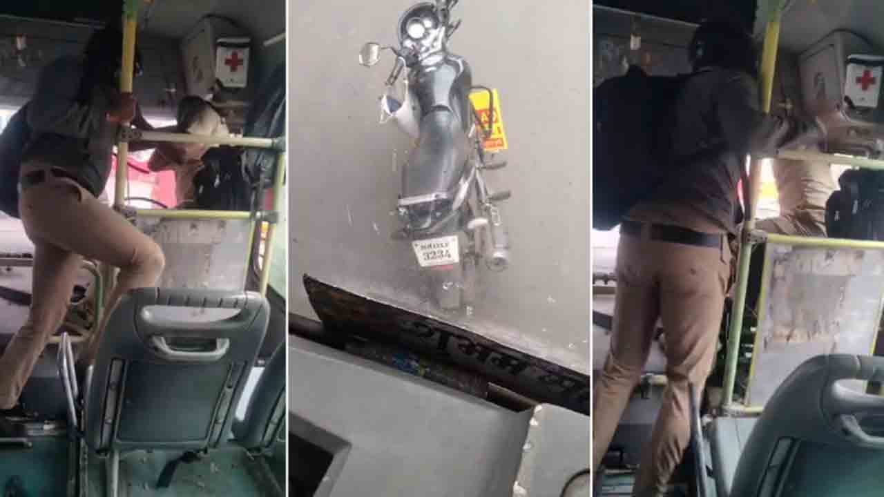 Watch: బైక్‌తో బస్సును అడ్డుకుని డ్రైవర్‌ను కొట్టిన పోలీస్‌.. వీడియో వైరల్‌