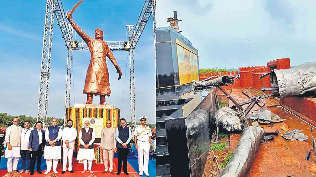 కూలిన 35 అడుగుల శివాజీ విగ్రహం