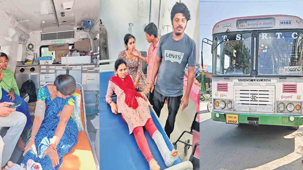 పేలిన ఆర్టీసీ అద్దె బస్సు టైరు