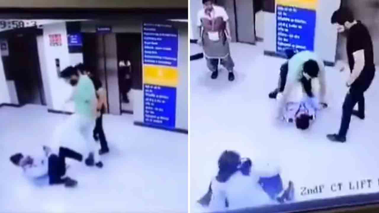 Watch: హాస్పిటల్‌లో సెక్యూరిటీ గార్డుపై ఇద్దరు వ్యక్తులు దాడి.. లేడీ గార్డ్‌ను తోసివేత, వీడియో వైరల్‌