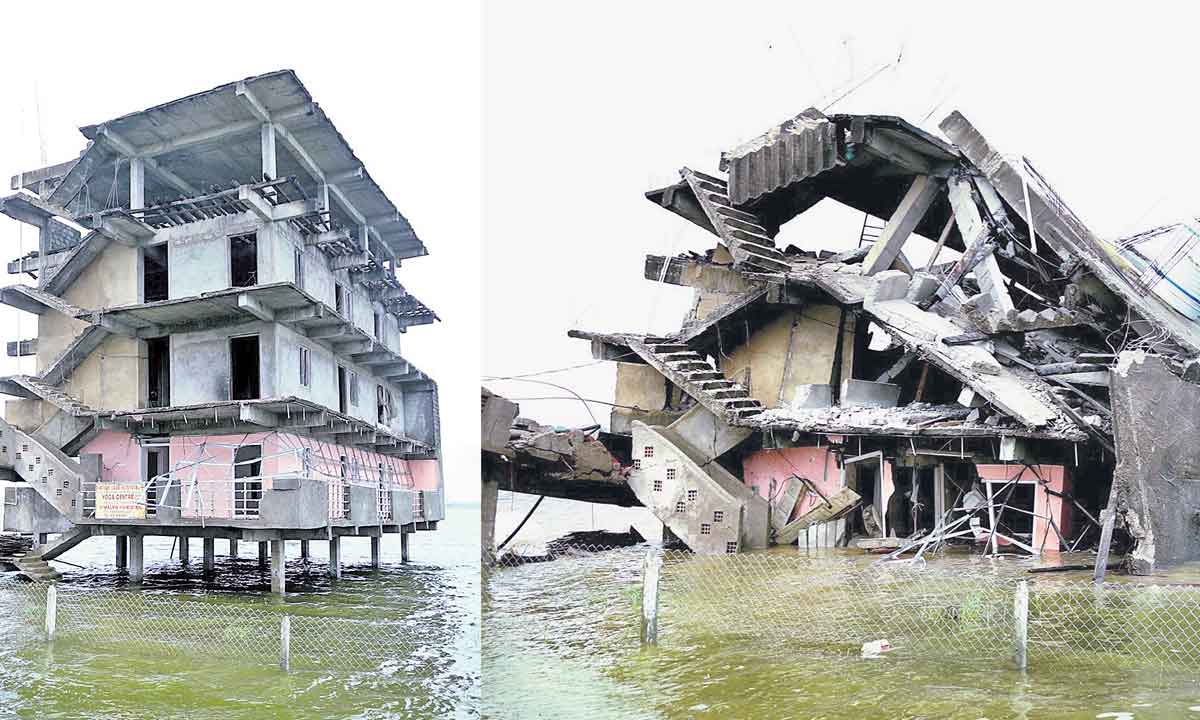 చెరువులో భవనం కూల్చివేత