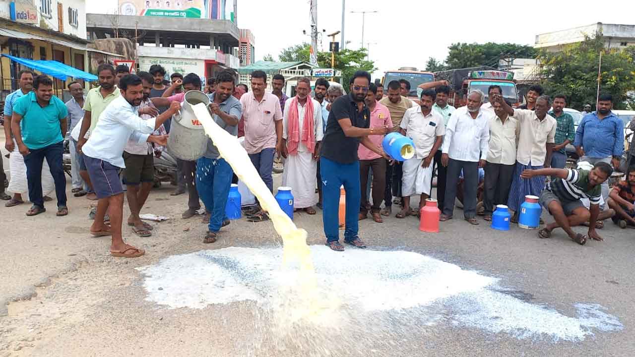 Dairy farmers | కాంగ్రెస్‌కు ఉసురు తగులుతది.. హైవేపై పాలు పారబోసి రైతుల నిరసన