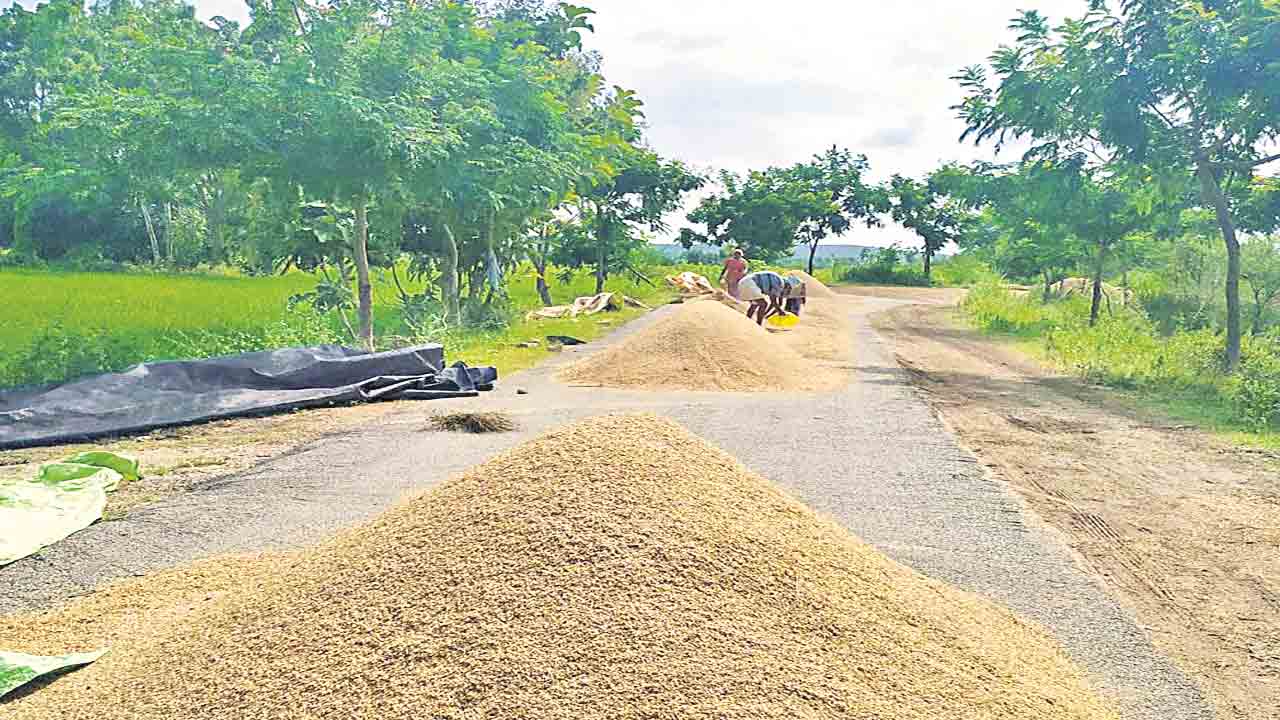 రోడ్లపై వడ్ల రాశులు.. ప్రమాదాలకు పిలుపులు